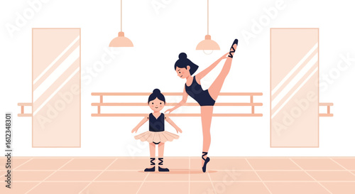Ballet Lesson With Mother And Daughter Stretching At Dance Studio Illustration