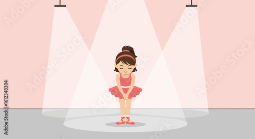 Ballerina under the spotlights, a young girl in a pink tutu performing on stage with a light pink background and a gray floor