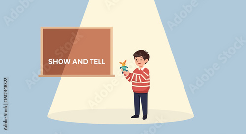 Boy Presenting At Show And Tell Holding Toy Standing Before A Board