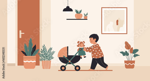 Boy Pushing Doll In Stroller Cartoon Illustration In The House Room Interior