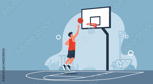 Basketball Player Jumping to Shoot Ball at Basketball Hoop on Outdoor Court
