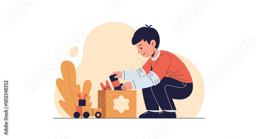 Boy Puts Away His Toys After Playtime Organizing in a Box