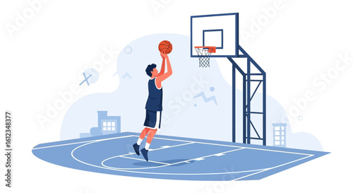 Basketball Player Shooting Jump Shot In Outdoor Court Urban Background