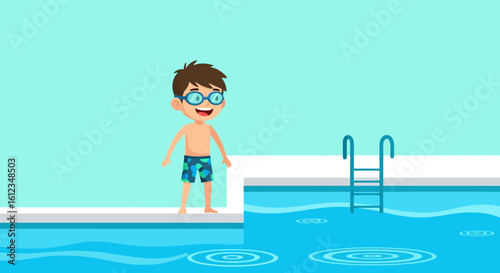 Boy About To Jump Into Swimming Pool Having Fun On Summer Vacation