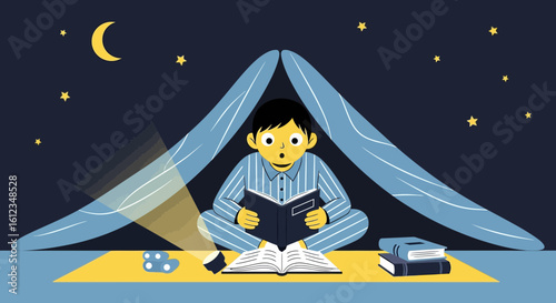 Boy Reading Under Tent By Night, Discovering New World In The Book
