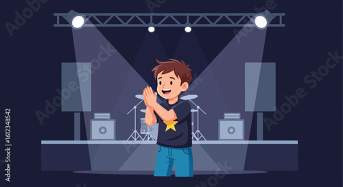 Boy Applauding Performer On Music Stage With Drums And Stage Lighting