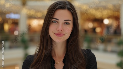 Portrait of a Confident Young Woman Smiling in a Bright Shopping Mall Environment