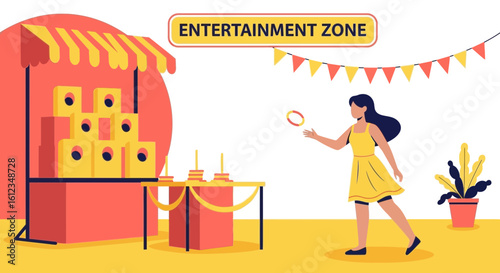 Charming cartoon illustration of a woman playing ring toss at an entertainment zone carnival game booth