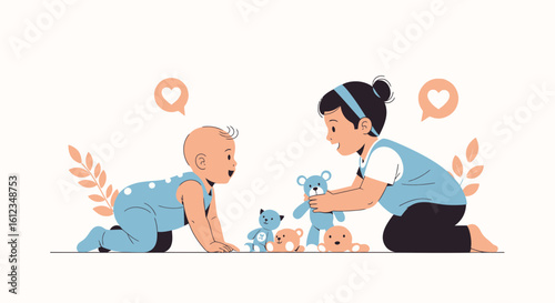 Charming illustration depicting a baby crawling towards a girl playing with plush toys in a loving atmosphere
