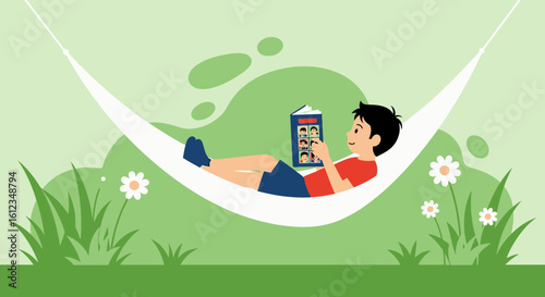 Boy Relaxing In A Hammock Reading Book In The Summer Time Outdoors