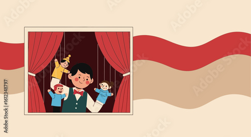 Charming Marionette Show Illustration With Puppeteer And Cute Character Dolls