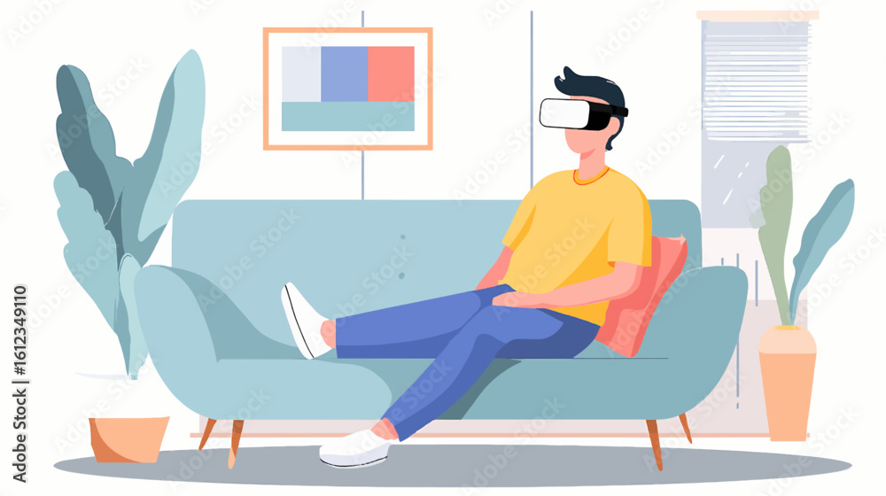 Fototapeta premium Minimalist Vector of Solo Adult Using VR Headset for Learning at Home