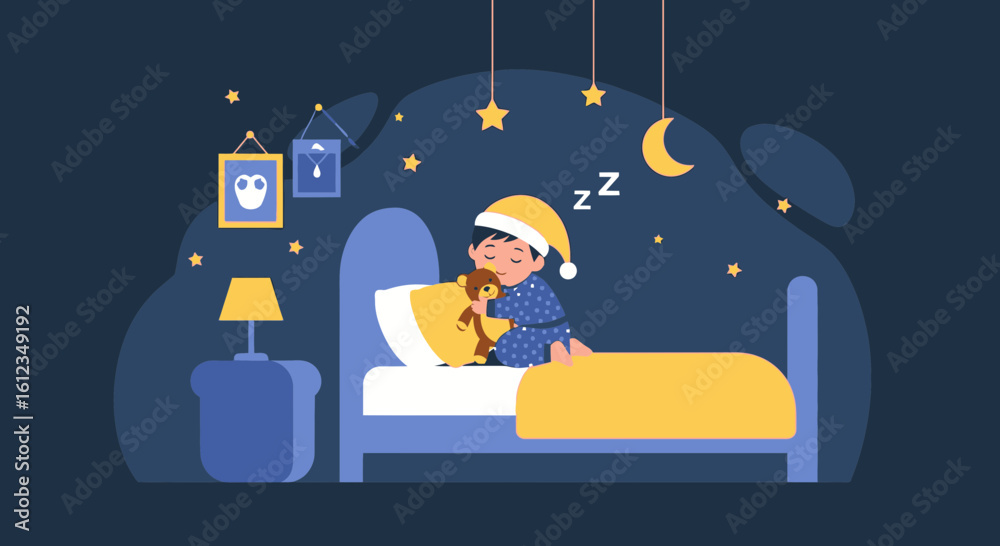 Naklejka premium Boy Comfortably Sleeping With His Teddy Bear Under Starry Night