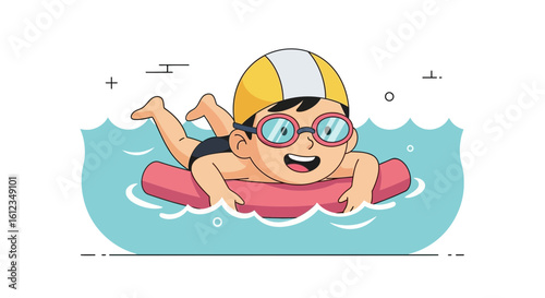Cheerful Boy Enjoying Summer Vacation Swimming In Pool Cartoon Illustration
