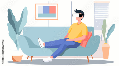 Minimalist Vector of Solo Adult Using VR Headset for Learning at Home