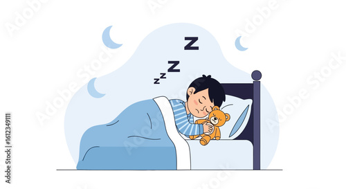 Boy Sleeping Peacefully In Bed With Teddy Bear And Crescent Moons Illustration