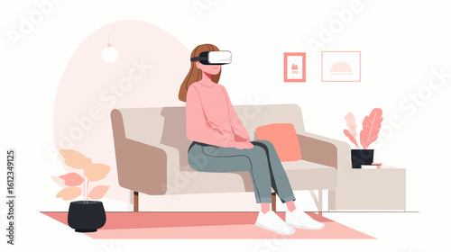 Minimalist Vector of Solo Adult Using VR Headset for Learning at Home