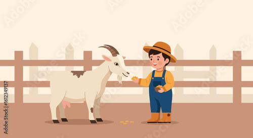 Cheerful Boy Feeds Cute Goat on Farm Adorable Rustic Countryside Scene