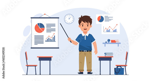 Cheerful Boy Giving Presentation On Business Growth In The Classroom Setting