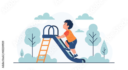Boy Climbing Up A Slide Ladder Having Fun At The Playground Park