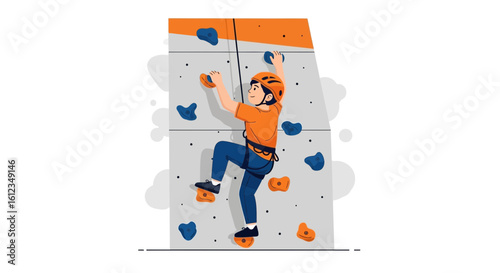 Boy Climbing Wall Reaching for the Top Demonstrating Strength and Coordination