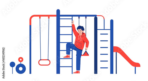 Boy Climbs on Playground Equipment and Enjoys Recreational Activities Outdoor