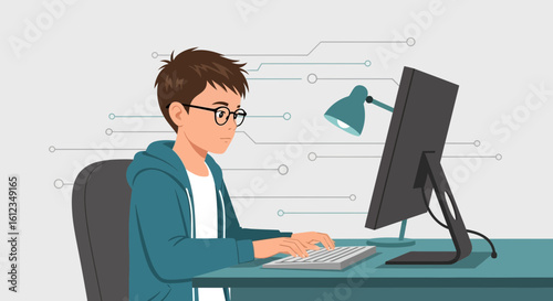 Boy coding or studying online with a computer in a digital world background