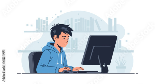 Boy Studying At His Desk With Computer At Home Education Concept