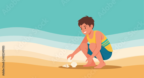 Boy Collects Seashells On The Beach During A Summer Vacation Trip