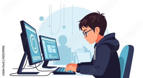Boy Coding At Dual Screen Computers For Programming Or Software Development