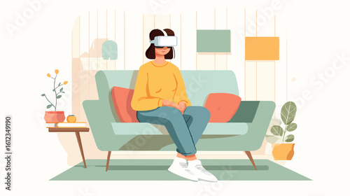 Minimalist Vector of Solo Adult Using VR Headset for Learning at Home