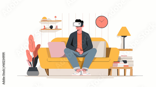 Minimalist Vector of Solo Adult Using VR Headset for Learning at Home