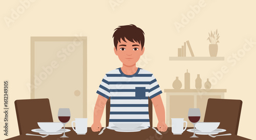 Boy Waits At Table For Dinner Time Or A Special Occasion Meal