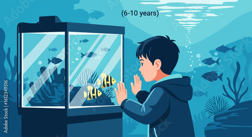 Boy Watching Tropical Fish In Aquarium Exhibits A Sense Of Wonder