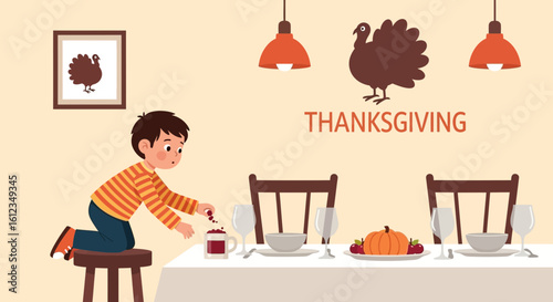 Boy Decorating Thanksgiving Drink Preparing Holiday Feast Illustration