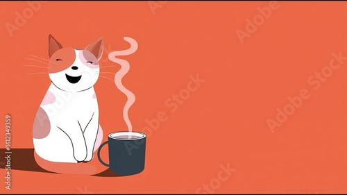 Happy cartoon cat with a smiling face sits beside a steaming cup of coffee on a vibrant orange background, creating a cheerful and cozy atmosphere for design projects