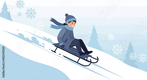 Cheerful child enjoying a winter sled ride downhill, embracing the joy of snow activities in a playful illustration
