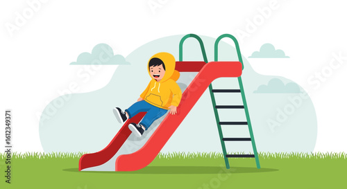 Cheerful Child Enjoying A Fun Ride Down A Red Slide In The Playground