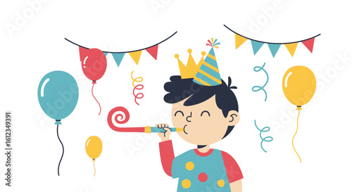 Boy With A Birthday Hat Blows Party Horn While Celebrating With Balloons