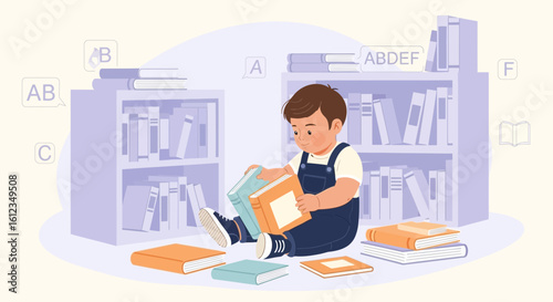Boy engrossed in reading books in a cozy home library setting, surrounded by knowledge
