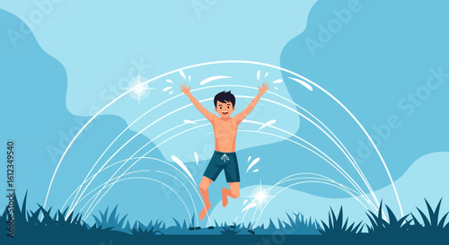 Boy Enjoying A Fun Water Fountain Summer Vacation Outdoors