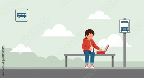 Boy Enjoying A Snack While Waiting The Public Transportation On A Sunny Day
