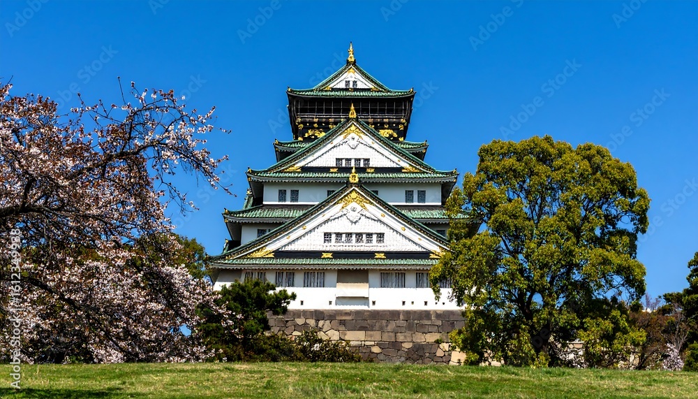 Cherry blossoms frame a Japanese castle Cherry blossoms frame a Japanese castle