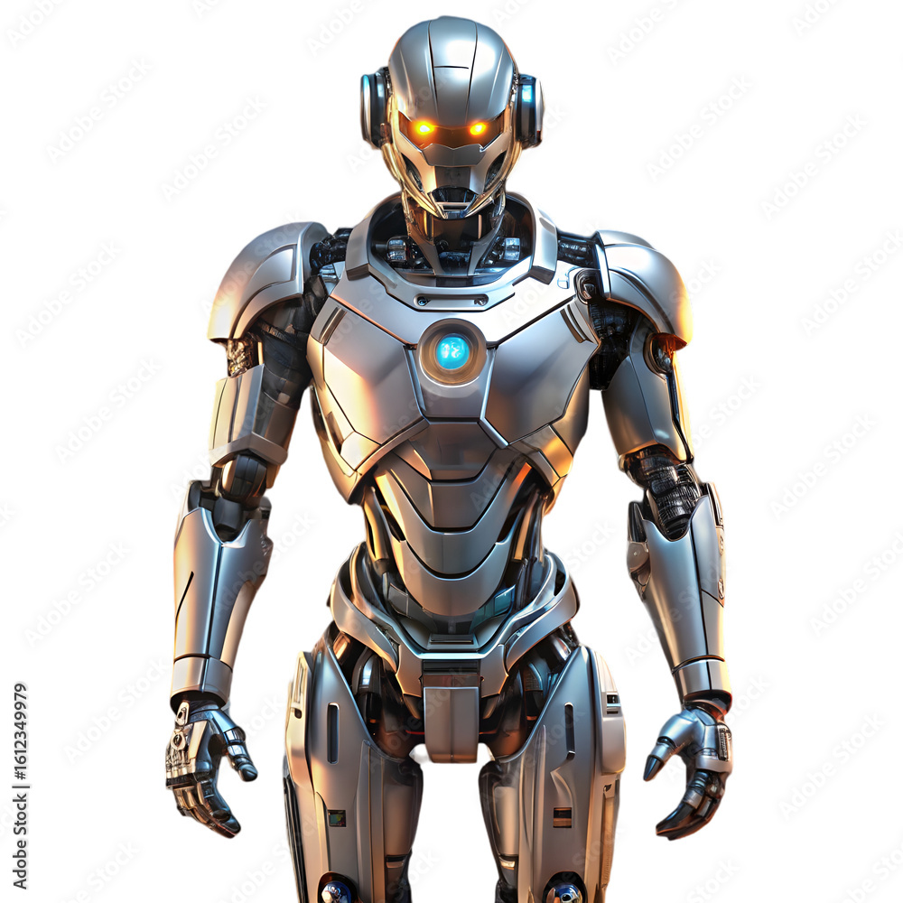Fototapeta premium Futuristic robot isolated on transparent background PNG icon isolated with transparent background