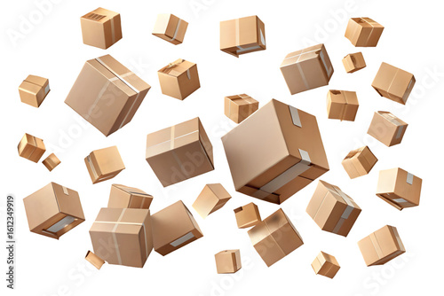 Flying falling cardboard boxes isolated on transparent background PNG icon isolated with transparent background