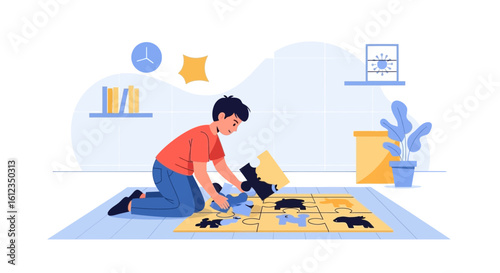 A Boy Concentrating on Completing a Jigsaw Puzzle on the Floor with Determination, showcasing problem solving skills and cognitive development