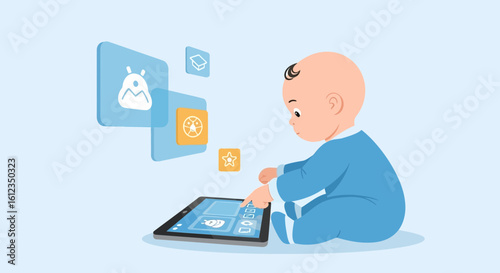 A baby interacts with a tablet, exploring educational apps in a digital world