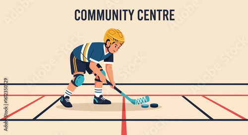 A boy playing hockey at community center demonstrates youthful energy and skill for kids programs