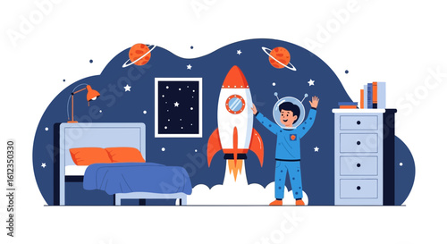A Boy Dressed as Astronaut Imagines a Rocket Launch In His Bedroom