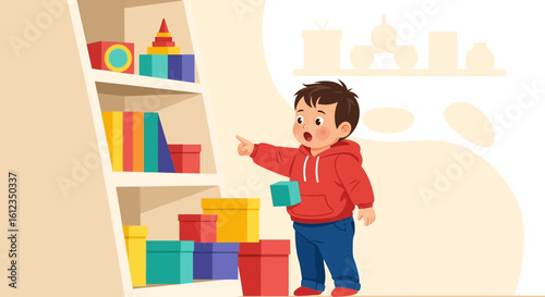 A captivating cartoon illustration of a child selecting colorful toys from a shelf at home